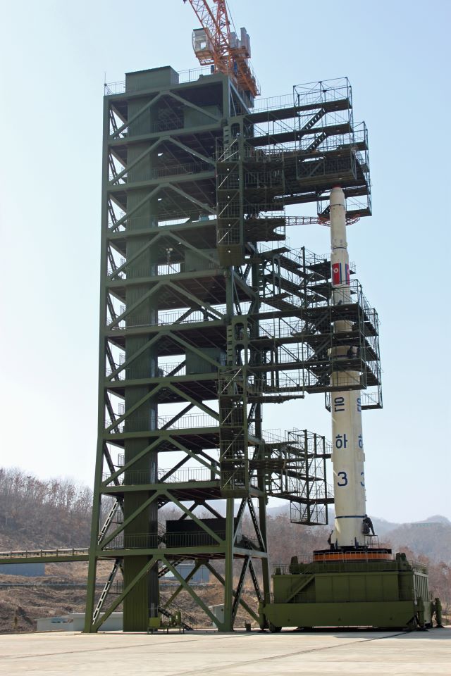 A North Korean Unha missile, which successfully launched an object into space in 2012. The Unha, and it's cousin the Taepodong-2, would be capable of delivering nuclear weapons to anywhere in East Asia. 
